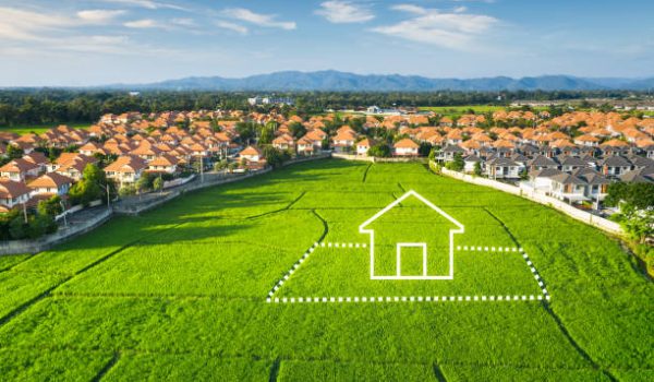 Land or landscape of green field in aerial view or bird eye view. Include agriculture farm, icon of residential, home or house building and land plot. That real estate or property for dream concept to build, construction, owned, sale, rent, buy, purchase, mortgage and investment in Chiang Mai of Thailand.